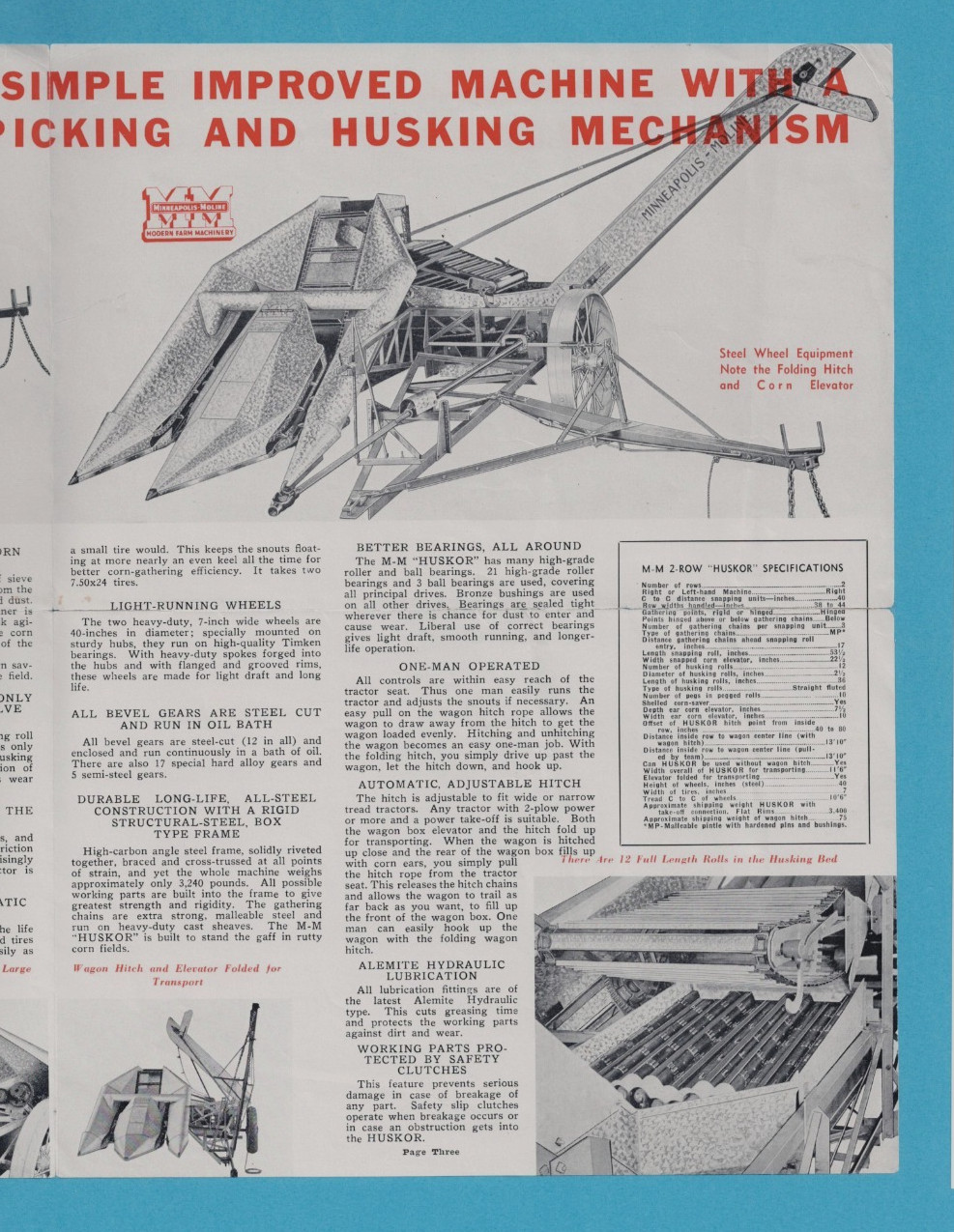 MINNEAPOLIS-MOLINE TWO ROW CORN PICKER “HUSKOR” 4 PAGE BROCHURE 1937