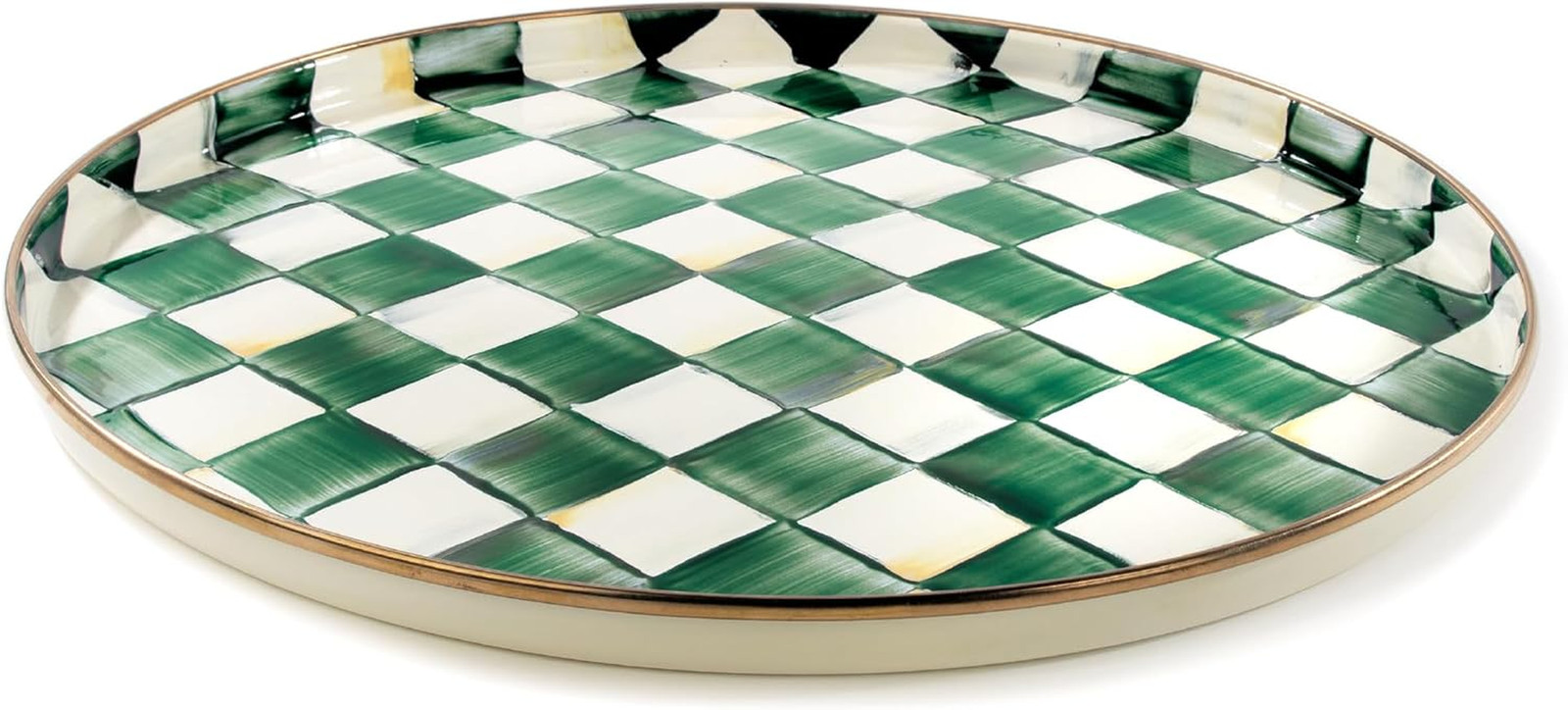 Enamel round Tray, Unique Serving Platter for Food and Drinks, Green-And-White E