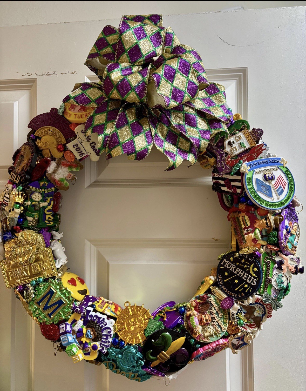 OOAK Handmade Mardi Gras Wreath Krewe Parade New Orleans Medallions Signed
