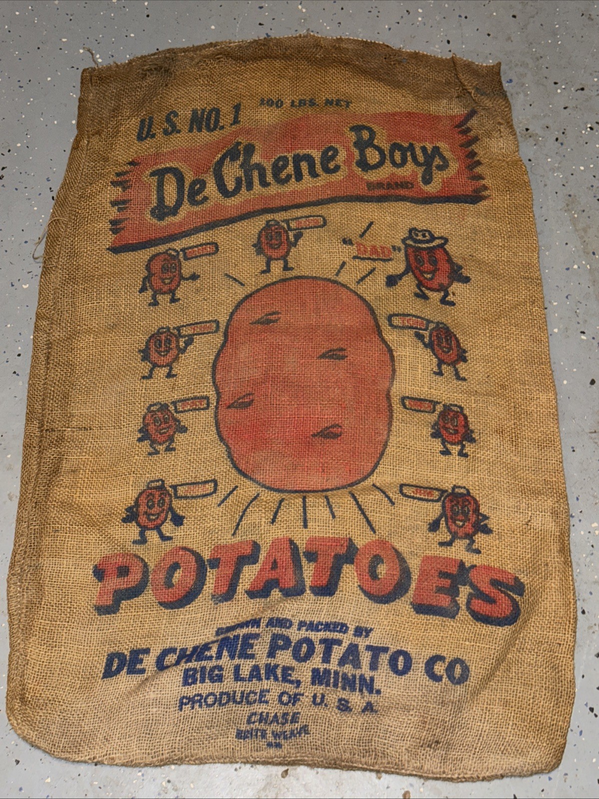 VTG DeChene Boys Minnesota Potatoes Burlap Bag 100 lbs Gunny Sack Rare Antique