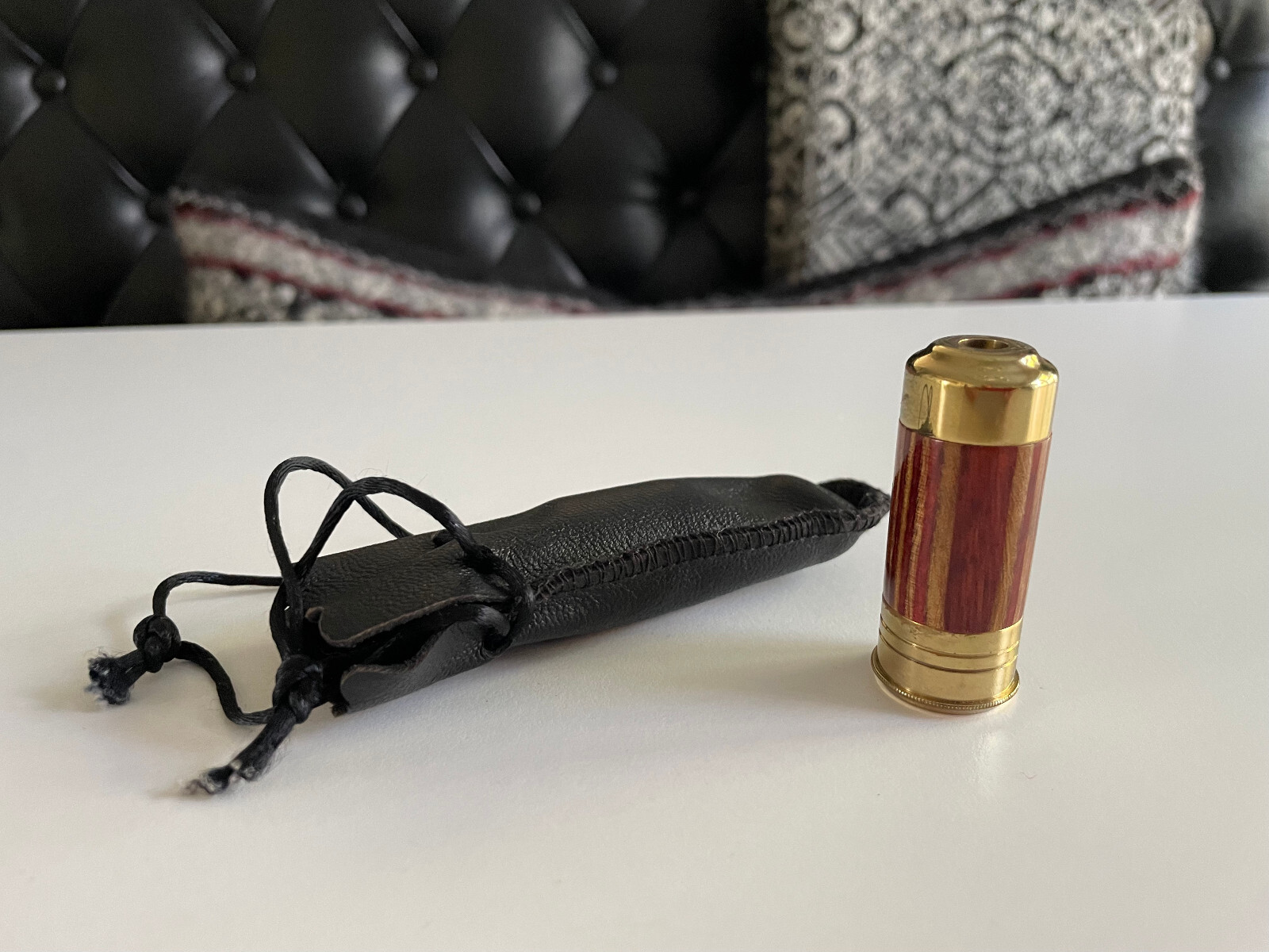VAN CORT INSTRUMENTS DERRINGER BULLET SHAPE KALEIDOSCOPE WOOD BRASS LEATHER BAG