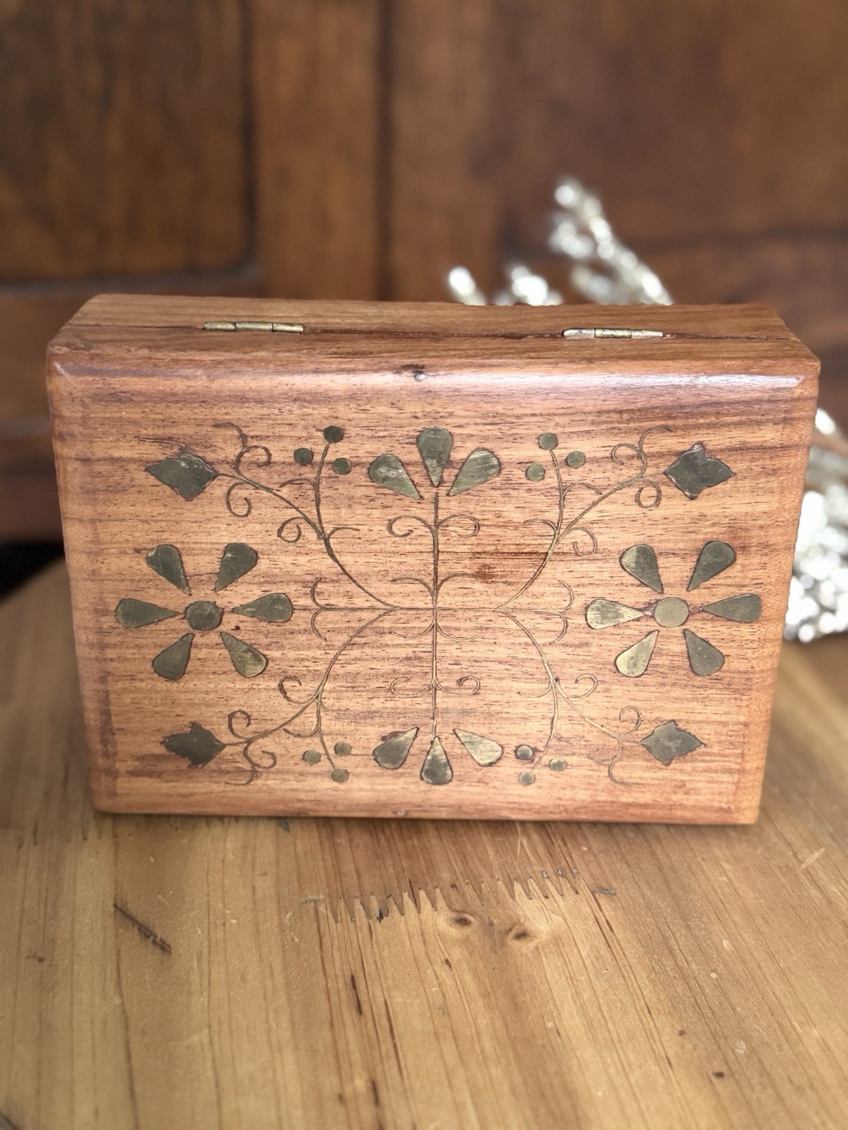 Vintage Wood Box w Brass Inlay, Flowers, Trinket Floral Box
