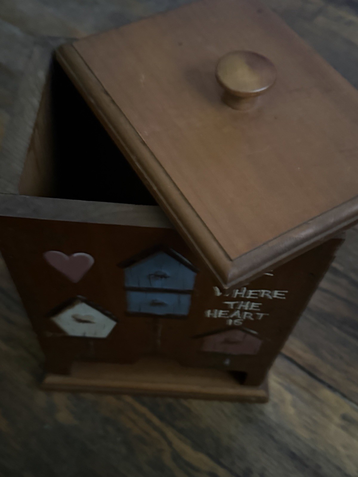 Wood Painted Rectangular Lidded Box “Home Is Where the Heart Is” bag holder