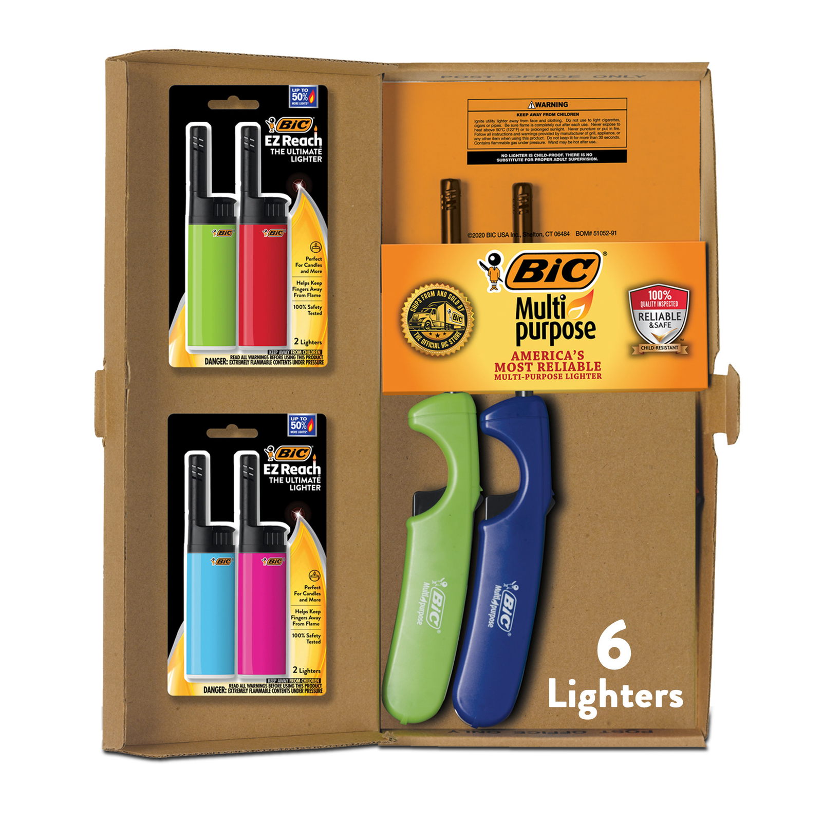 BIC Lighter Combination Pack, 4 Multi-Purpose and 2 EZ Reach, Assorted Colors