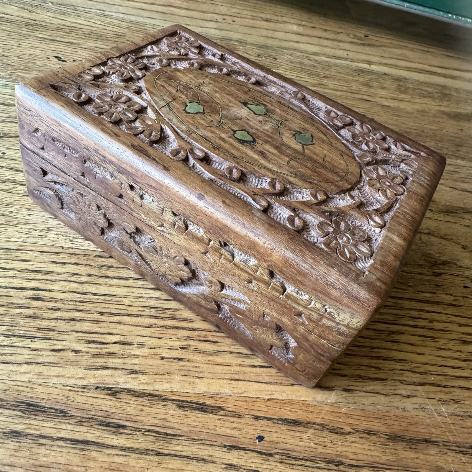 Vintage Handcarved Brass Rosewood Trinket Box | Floral Inlay | Jewelry Box
