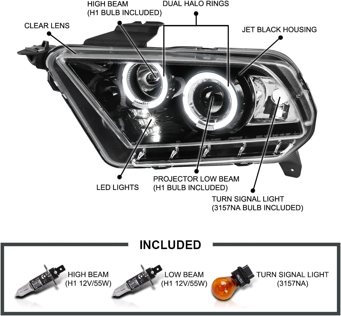 Jet Black LED Projector Headlights Compatible with 2010-2014 Ford Mustang, Left