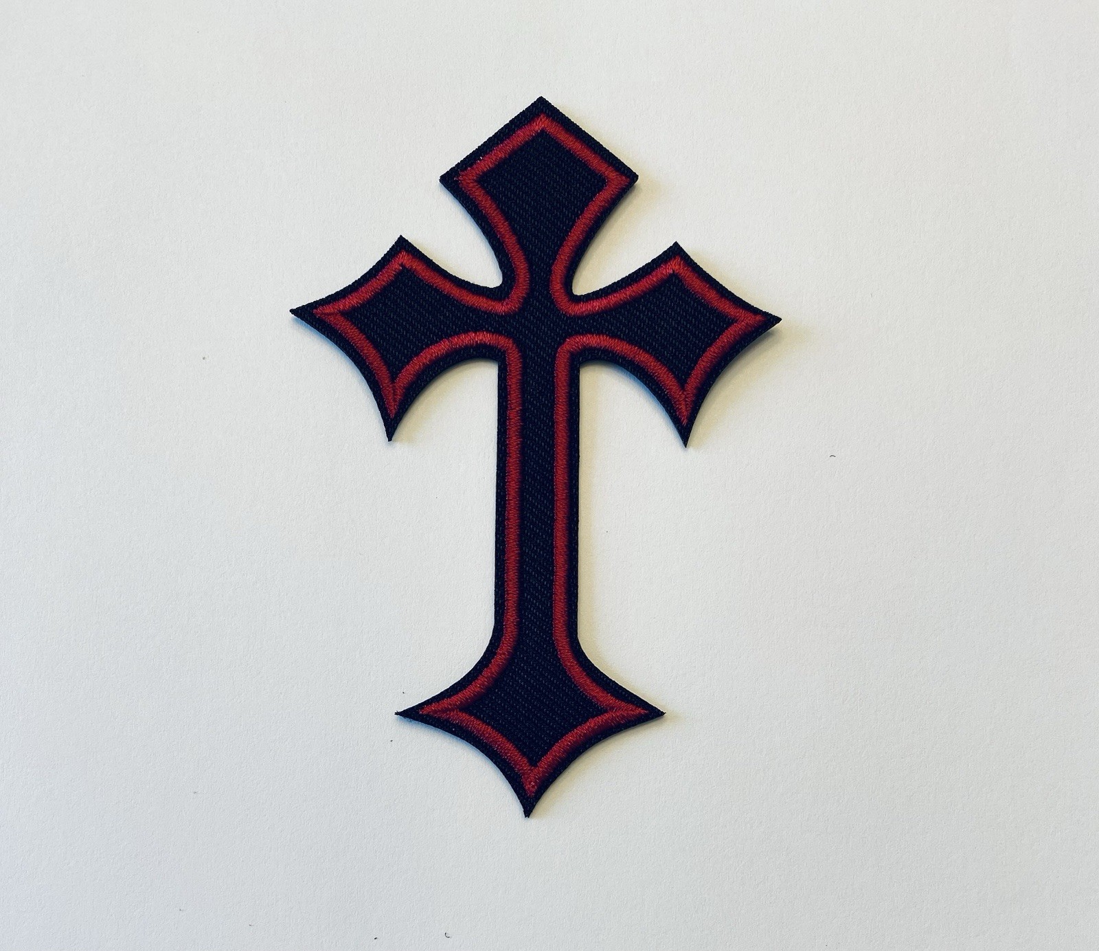 BLACK AND RED CHRISTIAN RELIGIOUS CROSS EMBROIDERED PATCH