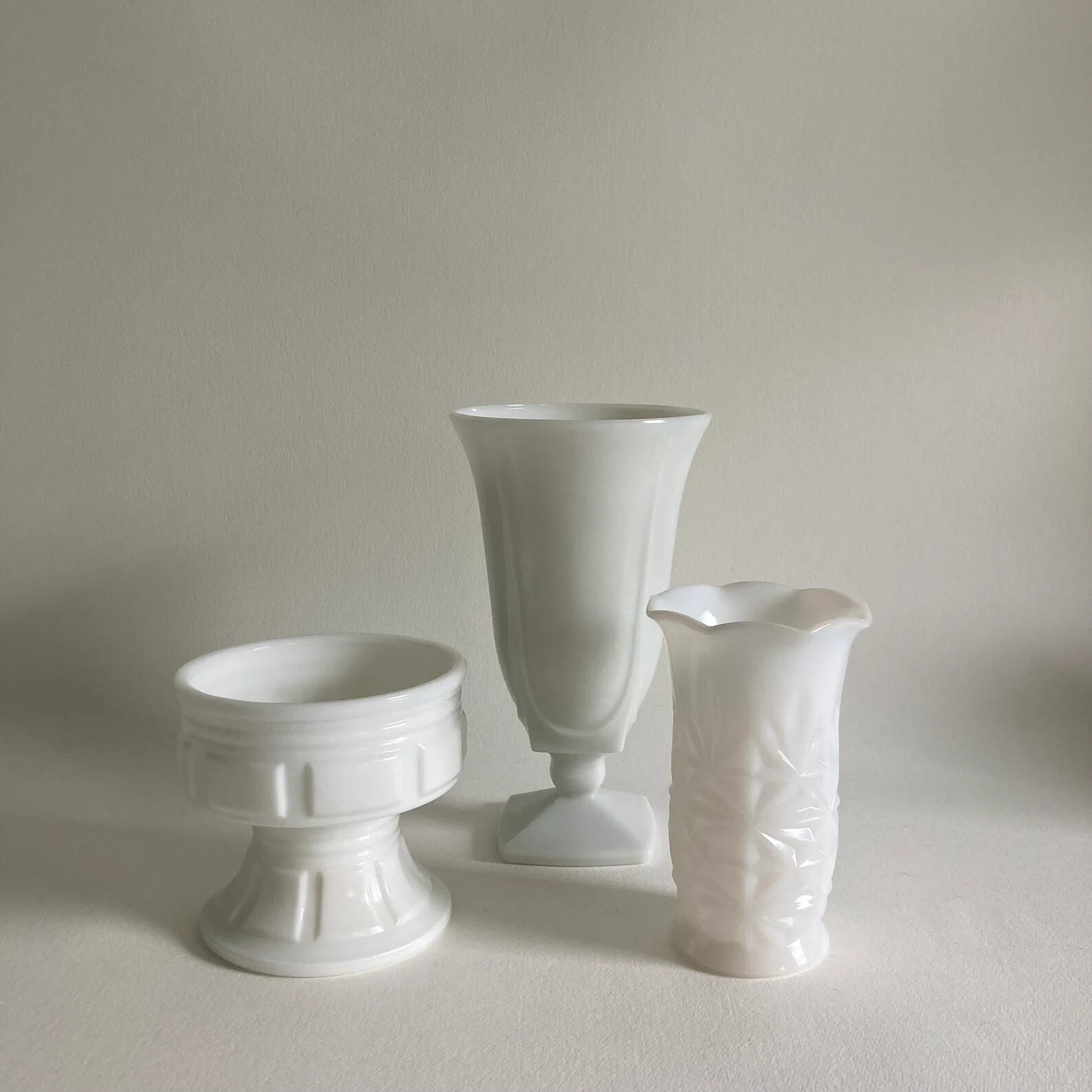 Trio of Vintage Milk Glass Vases Containers – 4″ to 8″+ Inches Tall – 1960s/70s