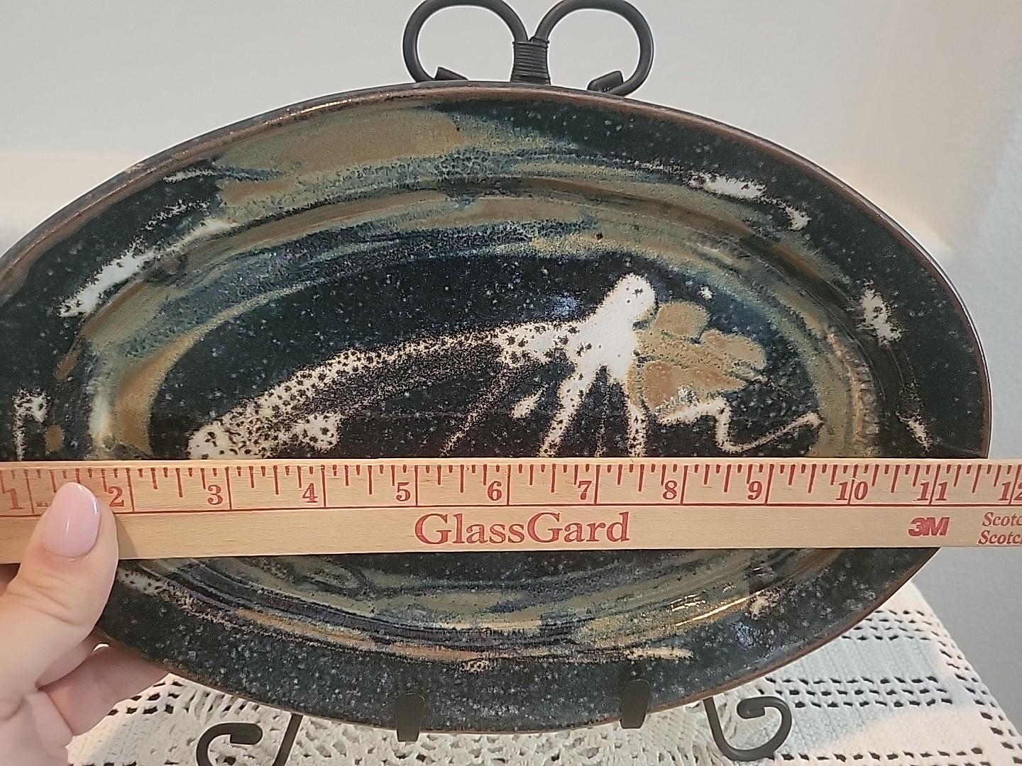 Oval Serving Platter Plate Abstract Dark Blue Multicolor Pottery Signed OOAK