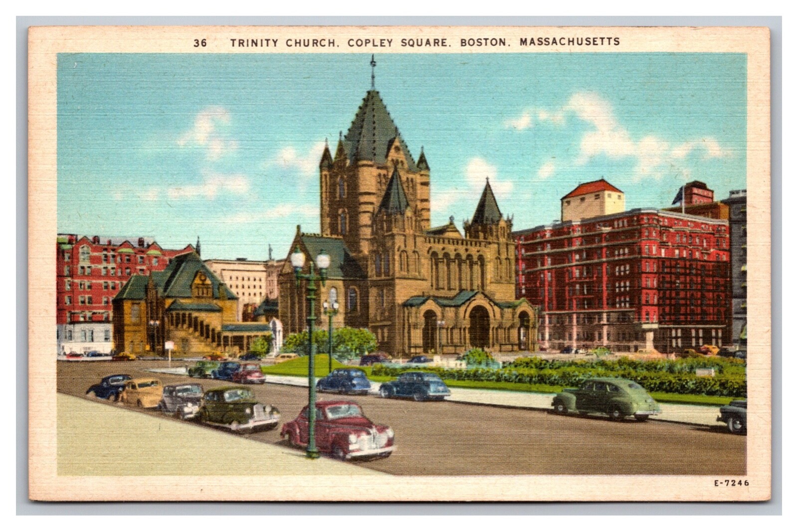 Boston MA Massachusetts Trinity Church Copley Square Street View Linen Postcard