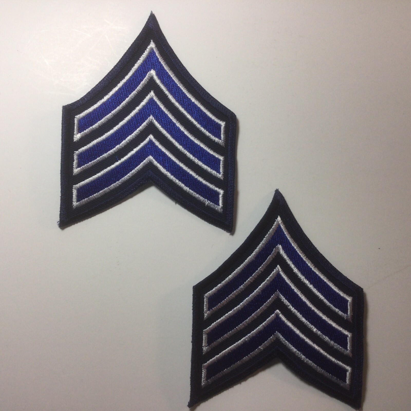 (2) Sergeant Chevron – 3″ Wide – 3 White/Royal Stripes on Dk Navy (Navy Border)
