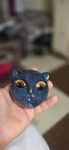 Black Cat Stone Figurine Resin Cat Head Marble Texture Healing Crystal Desk Deco