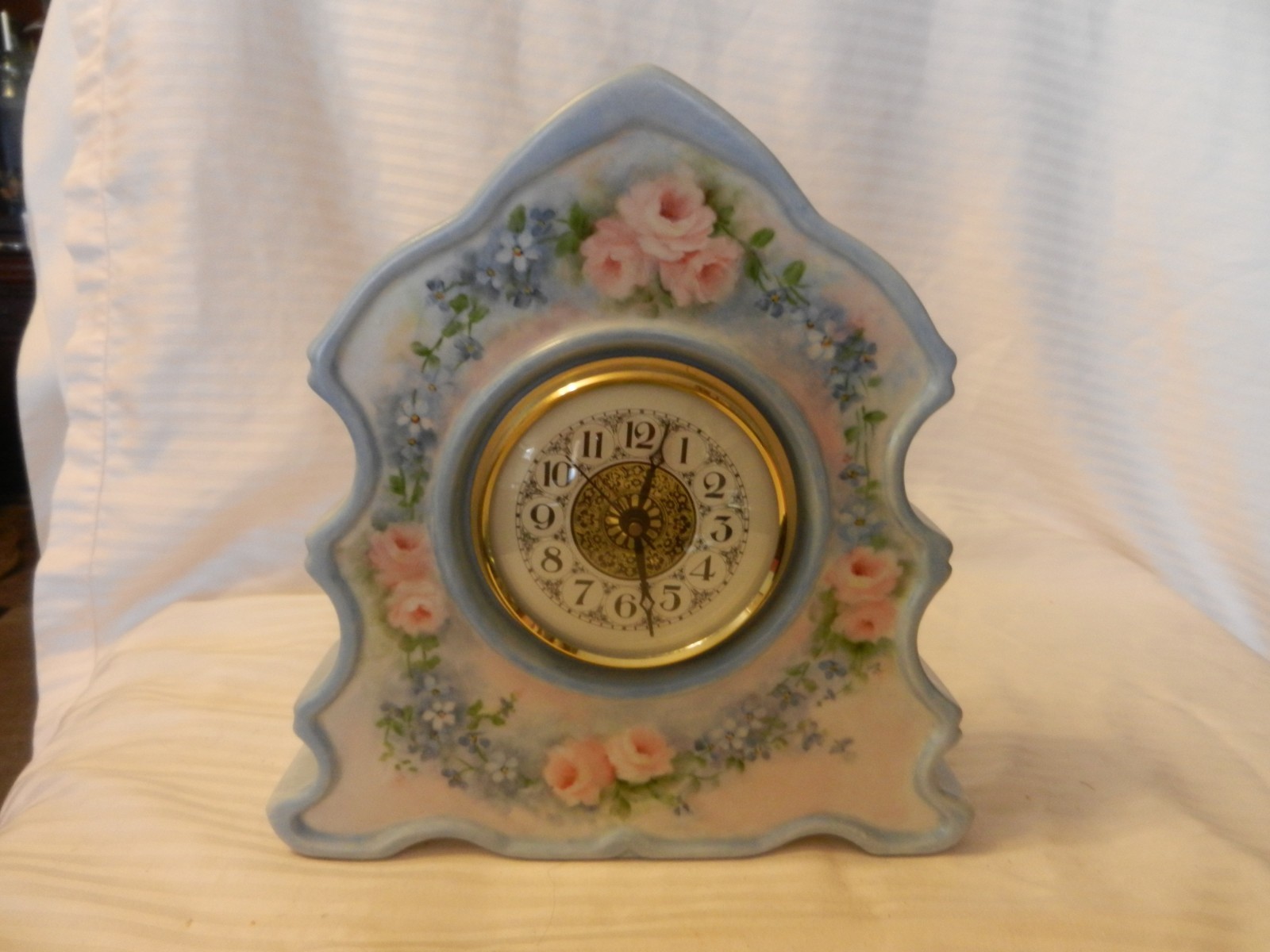 Hand Made Ceramic Quartz Clock Tree Shape, Blue with Flowers by Jeane Balcom