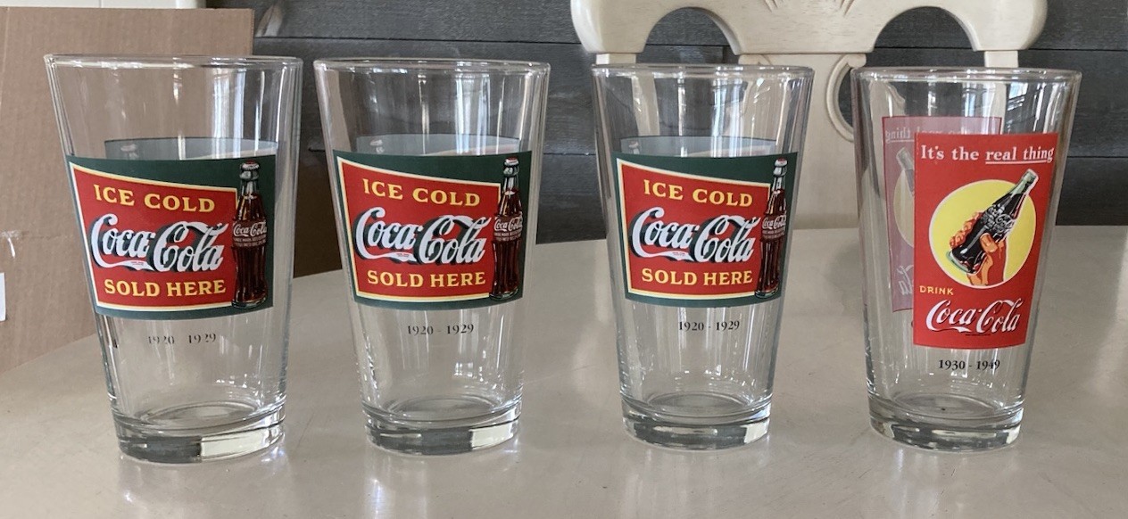 4 Vintage Coca-Cola Glasses 16oz Ads w Dates 1920-1929, 1930-1949 Ex Cond 6″