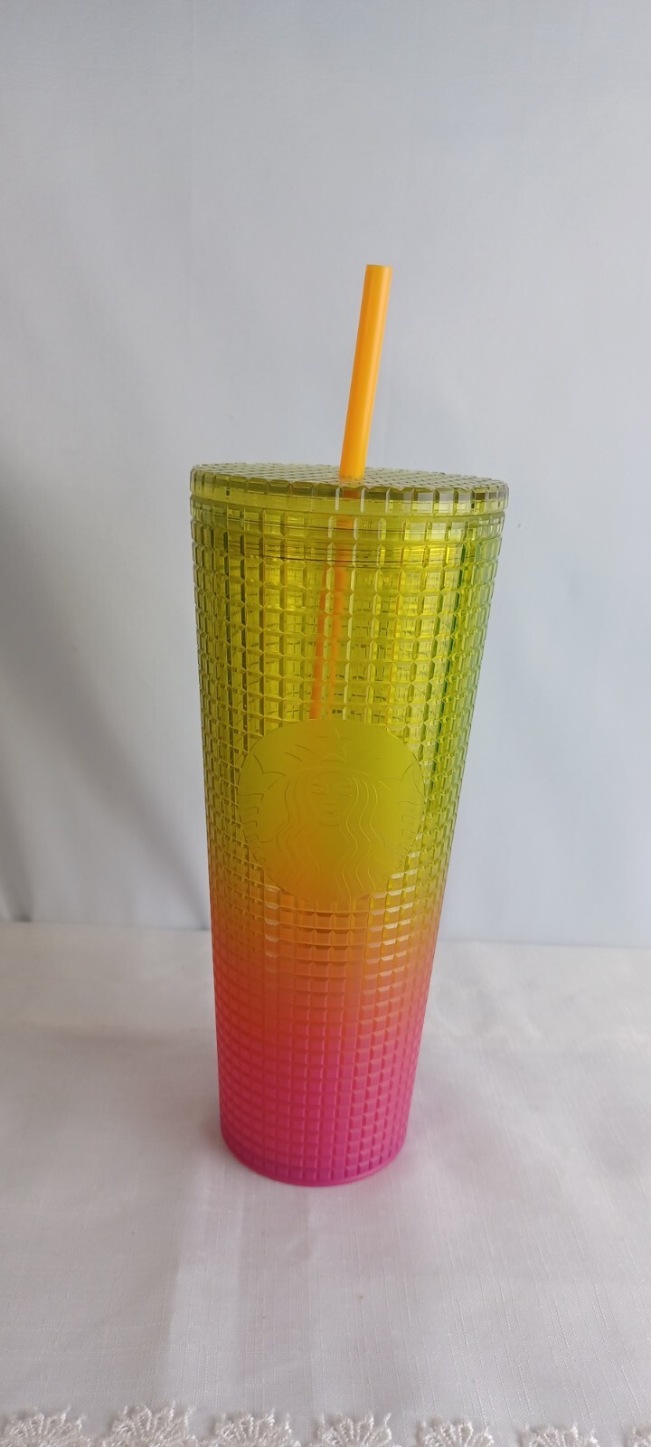 Starbucks Yellow Pink Ombre 24 Oz Venti Gradient Grid Tumbler With Straw NOS