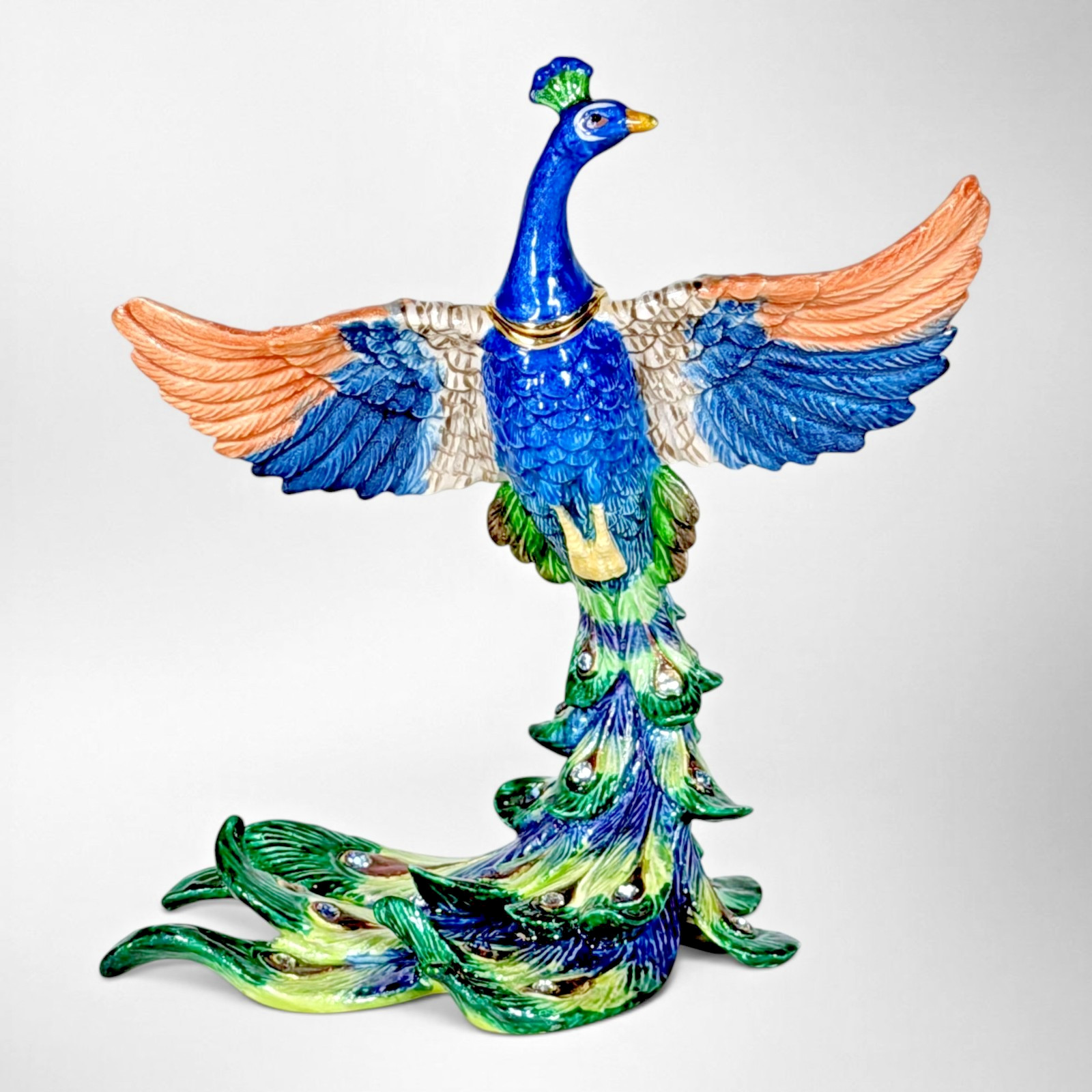 Keren Kopal Jeweled Peacock Trinket Box 24K Gold Crystal Enamel Israel