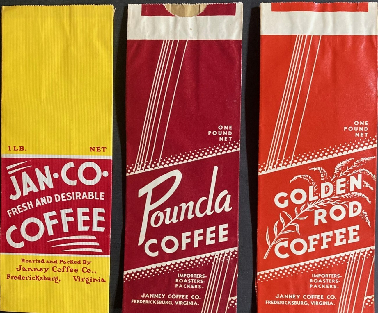 Vintage Lot of 3 Coffee Bags Janney Coffee Co. Fredericksburg, Virginia – “NOS”