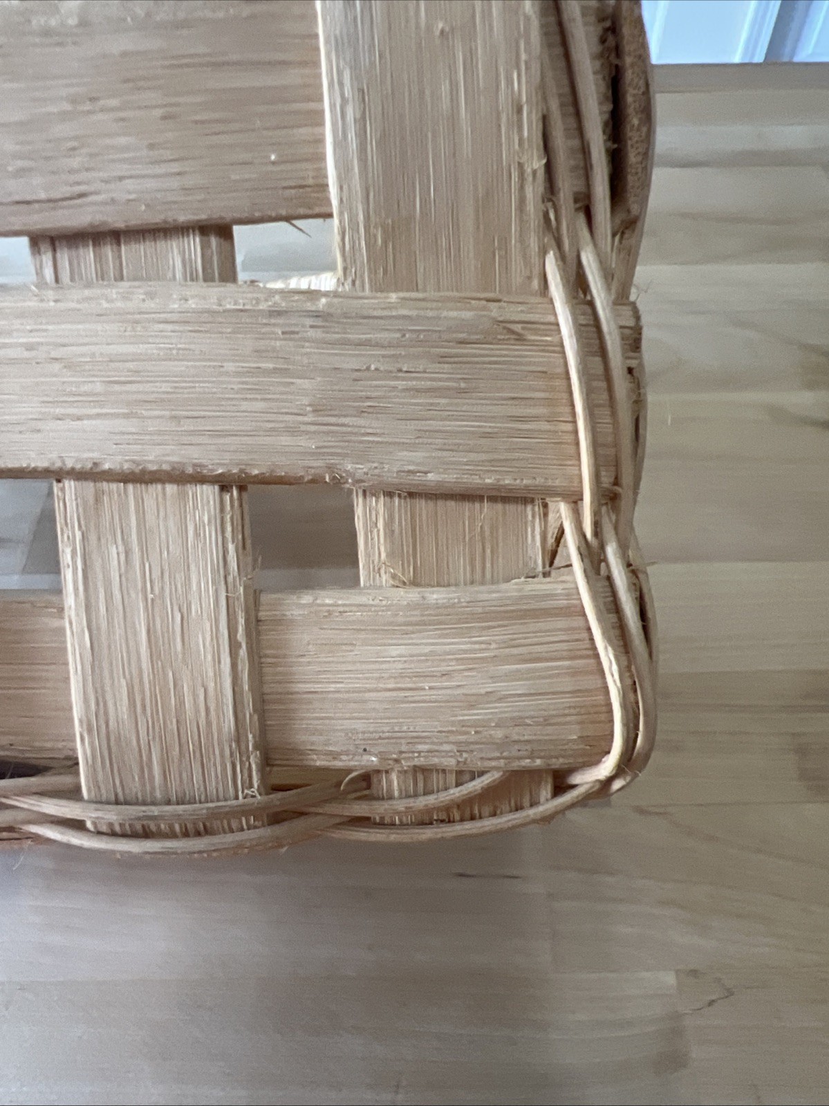 Handmade Split Oak Basket Fixed Handle Double Rim Rustic Farmhouse Primitive 13″