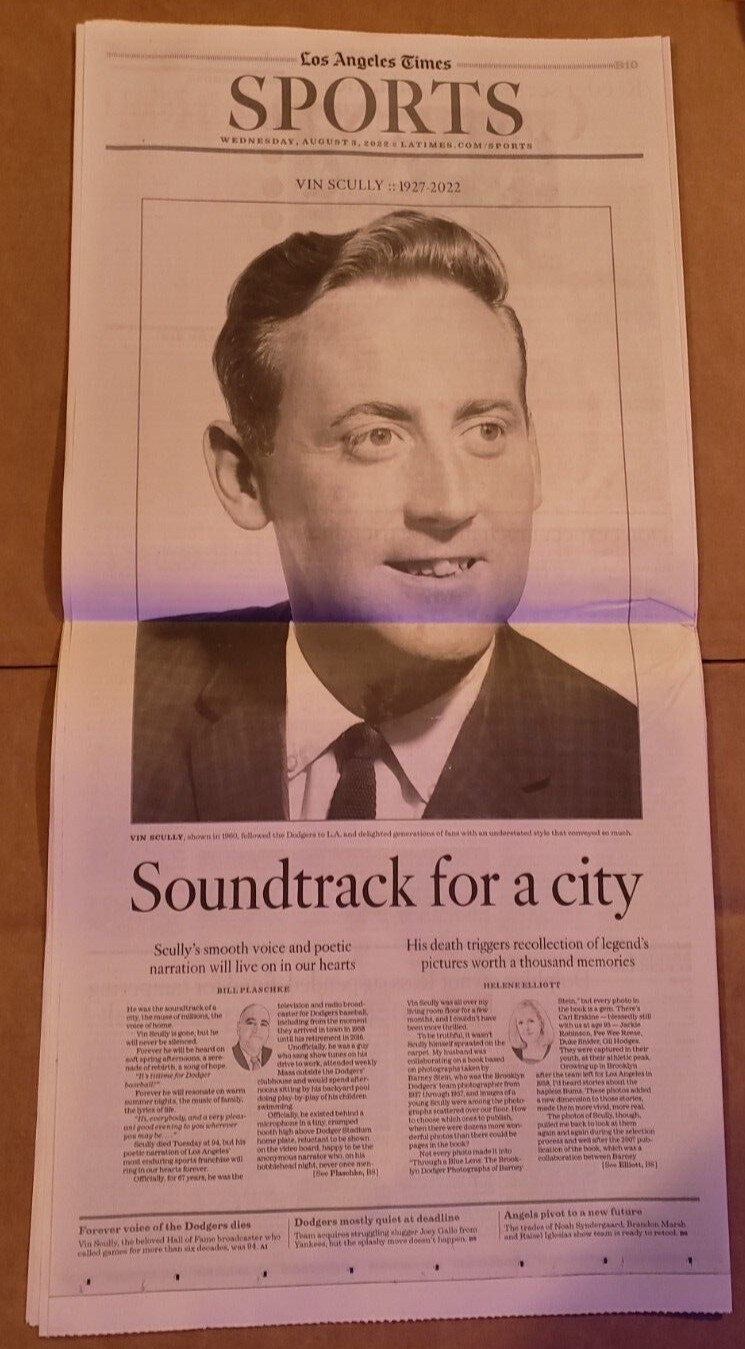 Los Angeles Dodgers Vin Scully 1927 – 2022 Los Angeles Times Newspaper 8/3/2022 