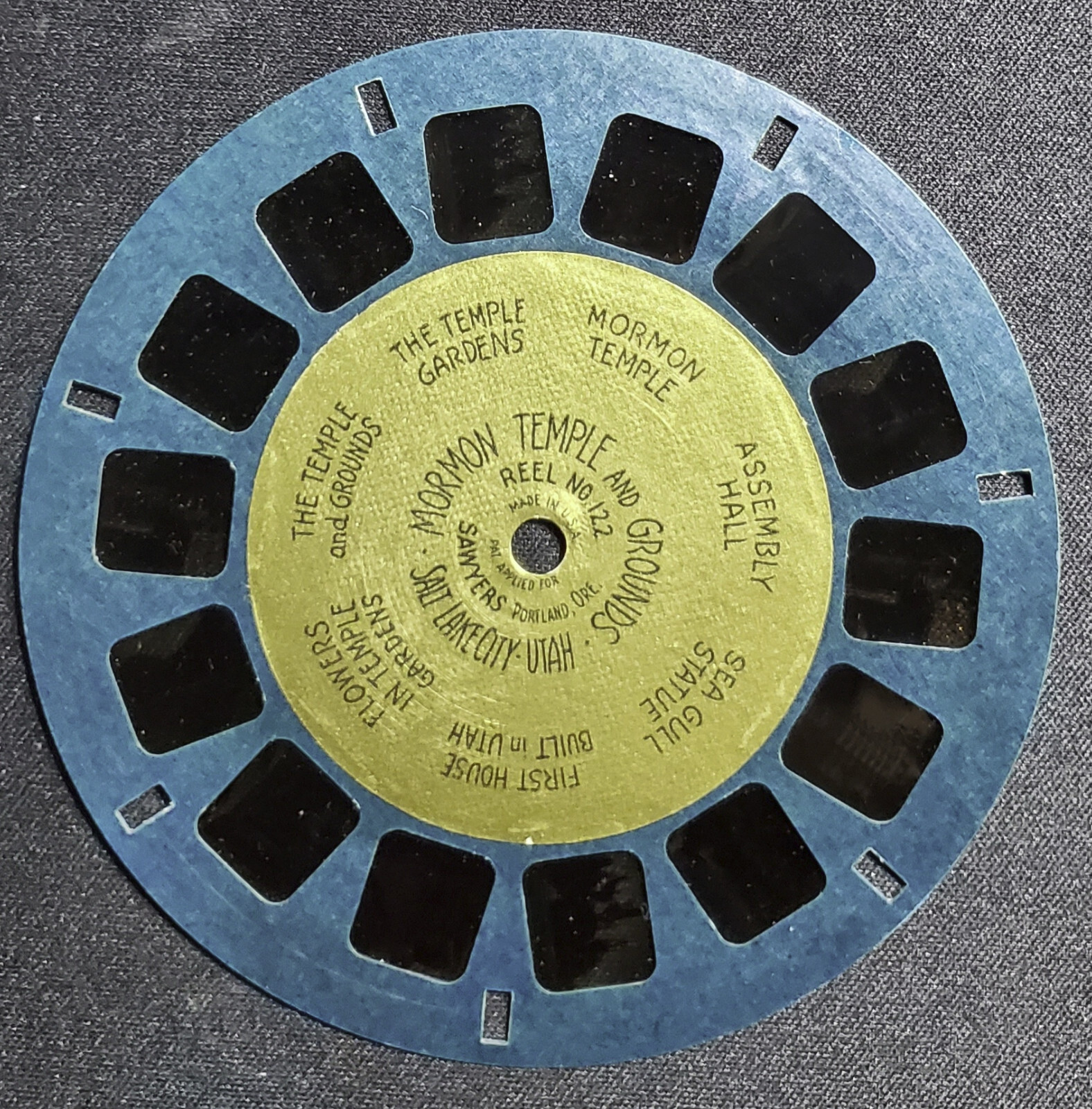 Mormon Temple Salt Lake City Sawyer’s Gold Foil Center Blue View-Master Reel 122