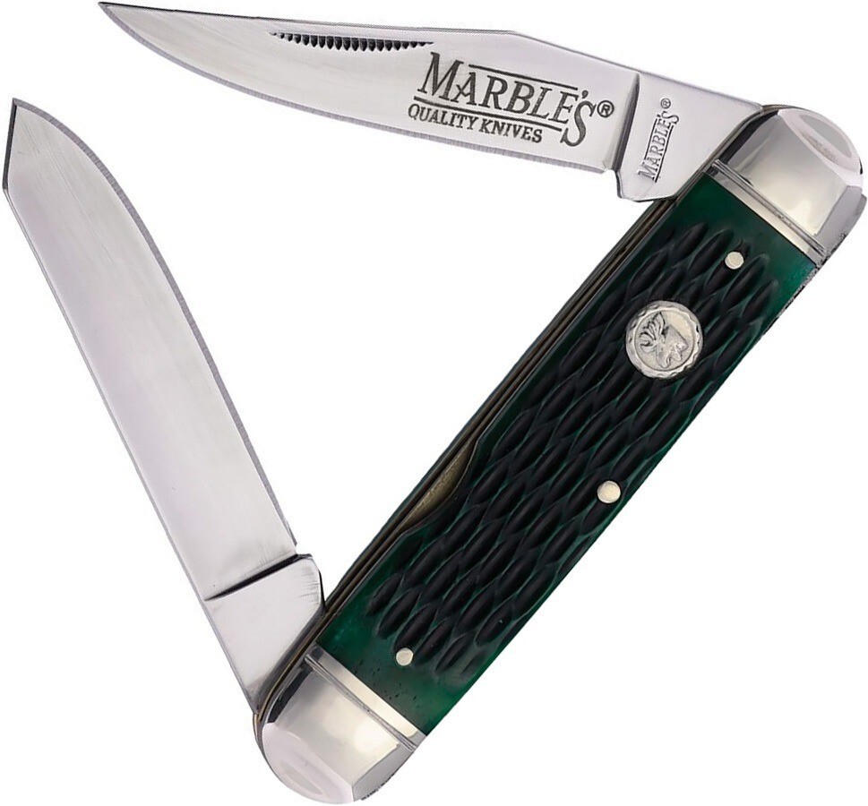 Marbles Jack Pocket Knife Mirror Finish Stainless Steel Blades Green Jigged Bone