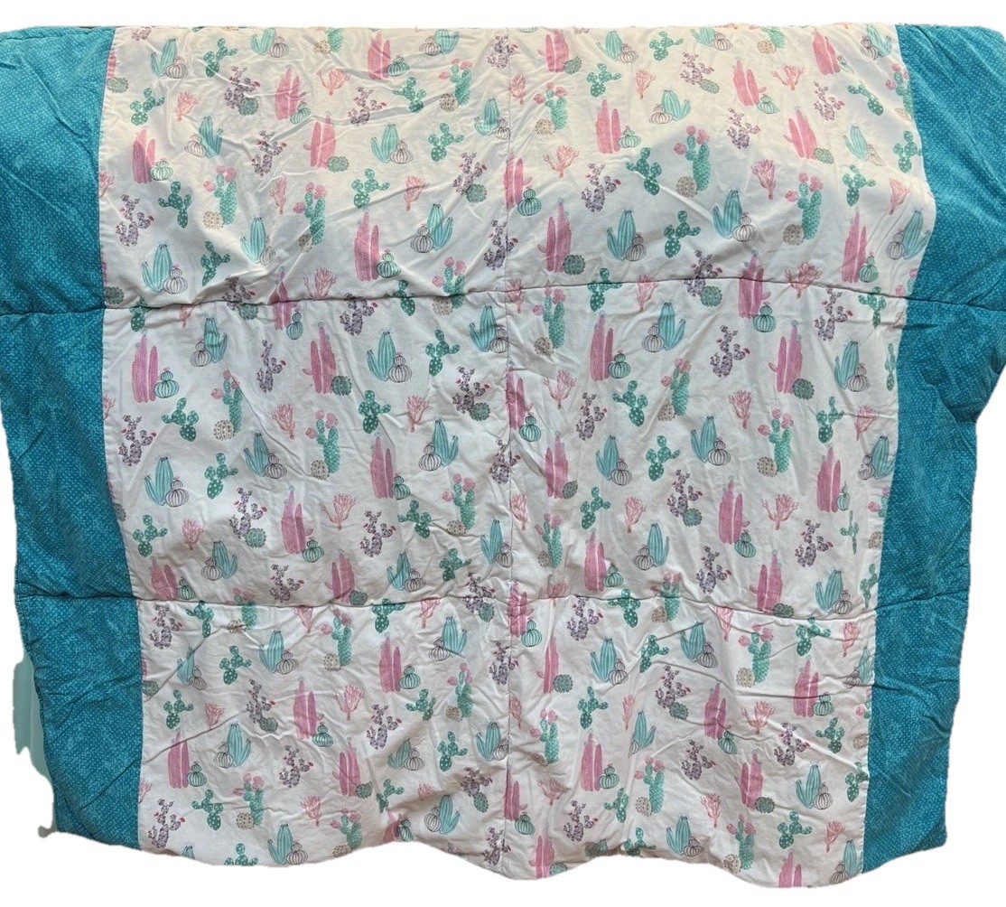Vintage 80s 90s Pastel Cactus Southwestern Print Cotton Quilt Coverlet Throw