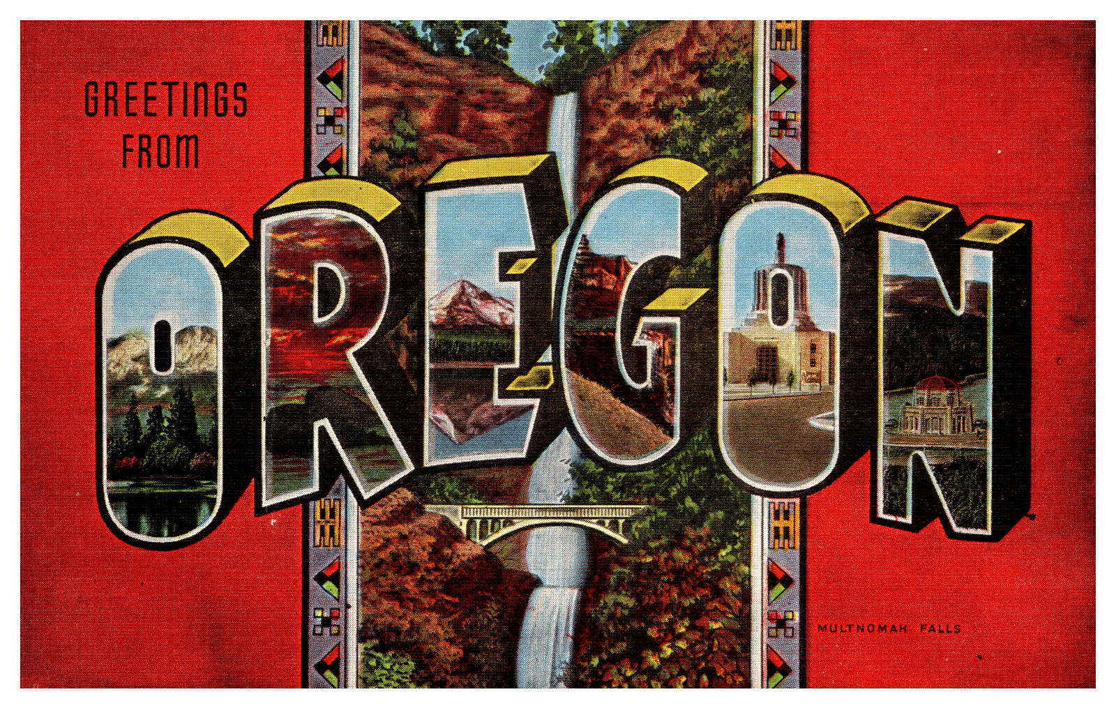 Multnomah Falls, OR “Greetings From” Large Letter Views Lake Sunset Memorial-A88