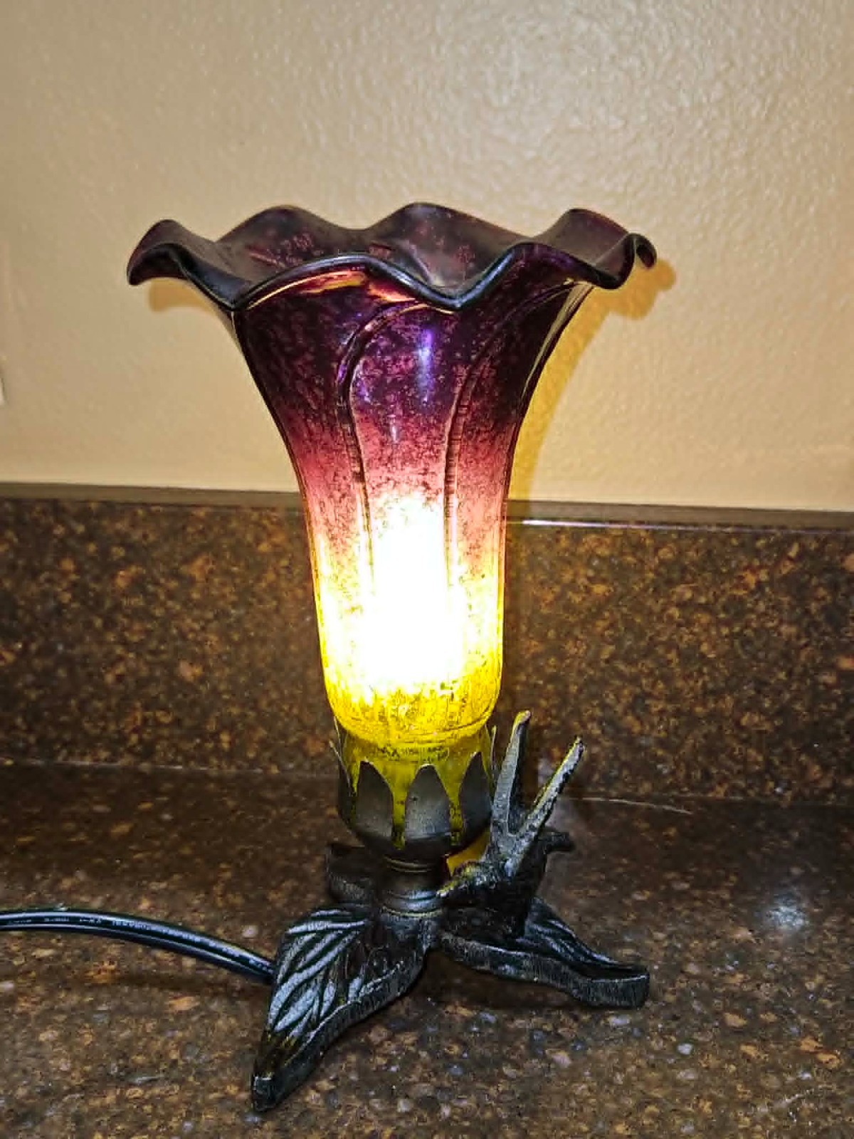 Purple Yellow Mercury Glass Lily Hummingbird Accent 8” Lamp