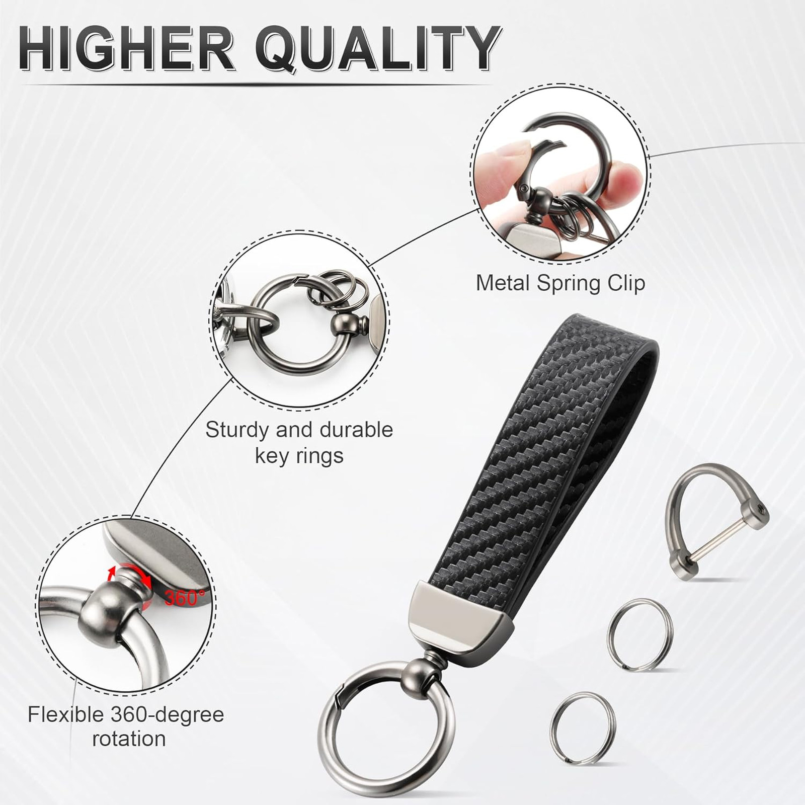 Leather Keychain with Carbon Fiber Style, Anti-Lost D-Ring and Double Key Rings