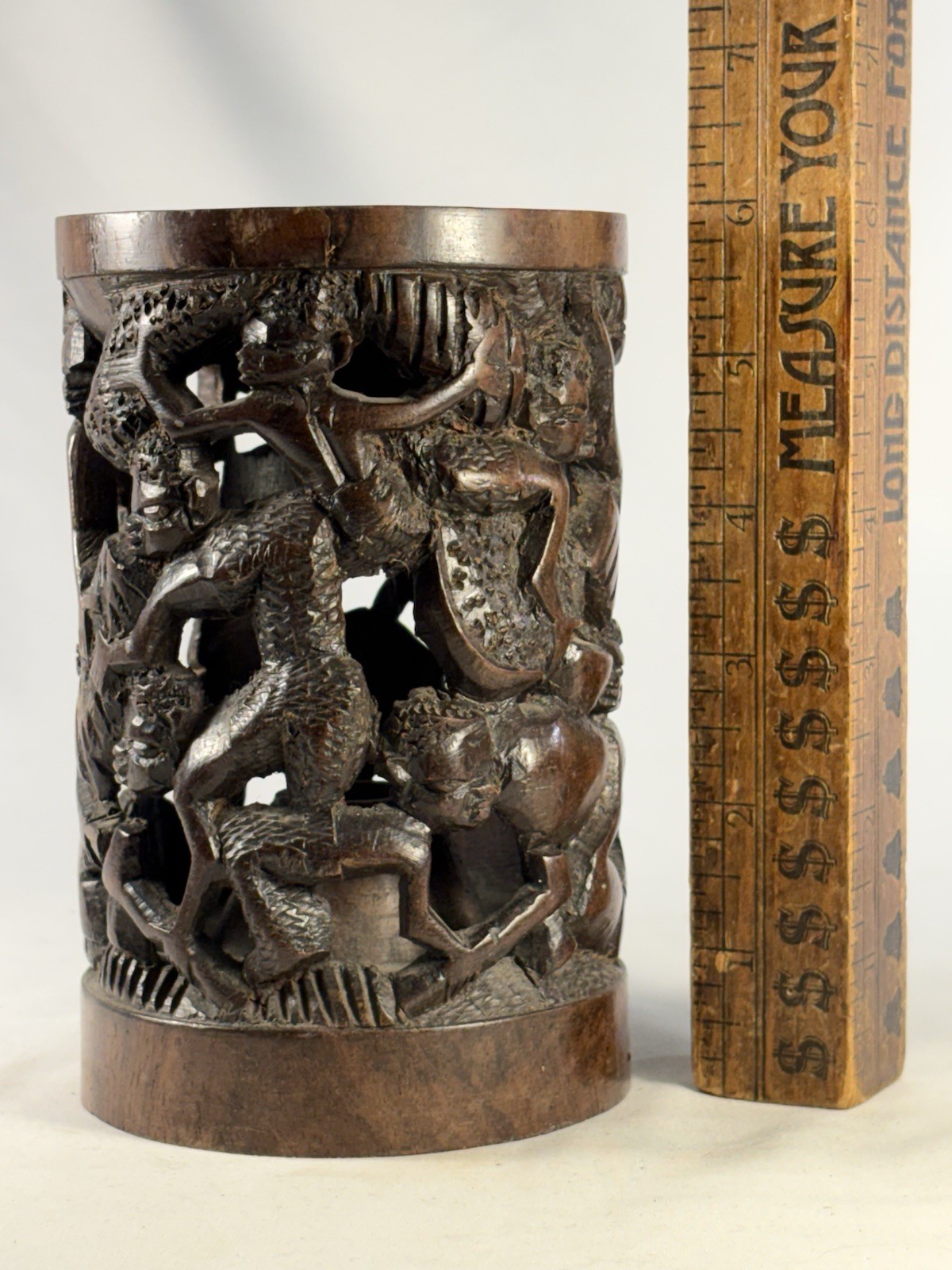 Rare African Hand Carved Hardwood Figural Vessel Makonde Ujamaa Tree of Life 6”