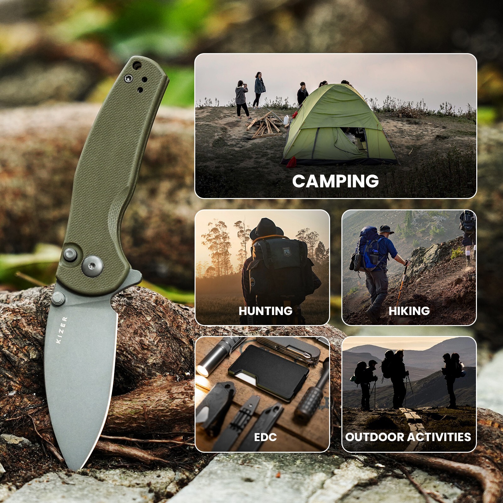 Kizer EDC Folding Knife D2 Blade Button/Liner Lock Brass G10 Handle V3669A3