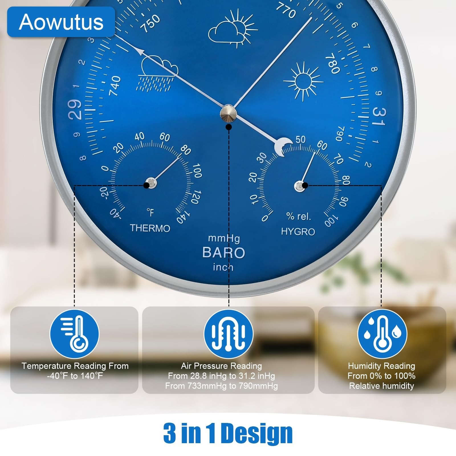 3 in 1 Barometer Thermometer Hygrometer, 7 in Diameter Dial Type Barometer, T…