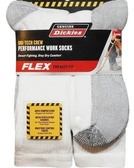 DICKIES FLEX DRI-TECH CREW PERFORMANCE WORK SWEAT FIGHTING SOCKS 3 PAIR 12-15
