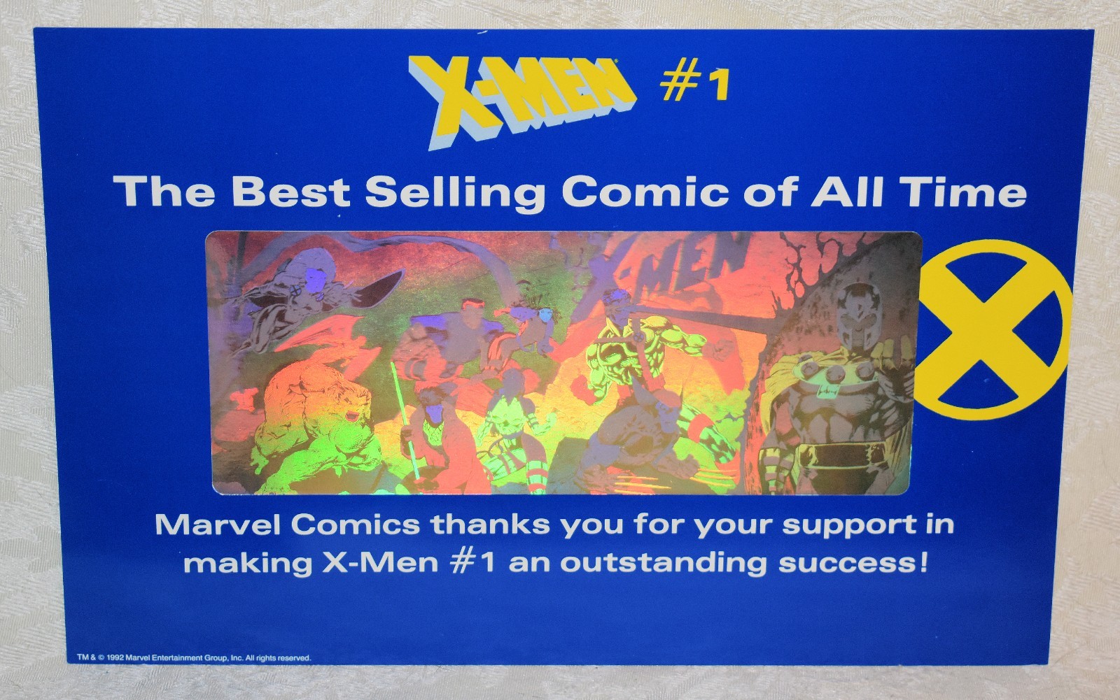JBy. 1992 X-MEN #1 BEST SELLING COMIC COLOR HOLOGRAM IMAGE PROMO CARD, JIM LEE+