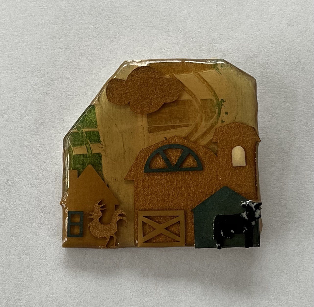 Vintage Lucinda House Pin Barn Rooster Cow Asymmetrical Glitter USA Signed