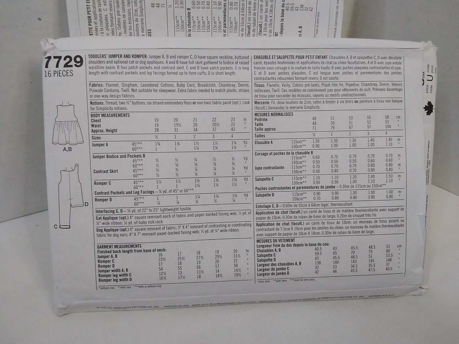 Simplicity 7729 Unisex Child Over All or Jumper Sewing Pattern Size 2-4