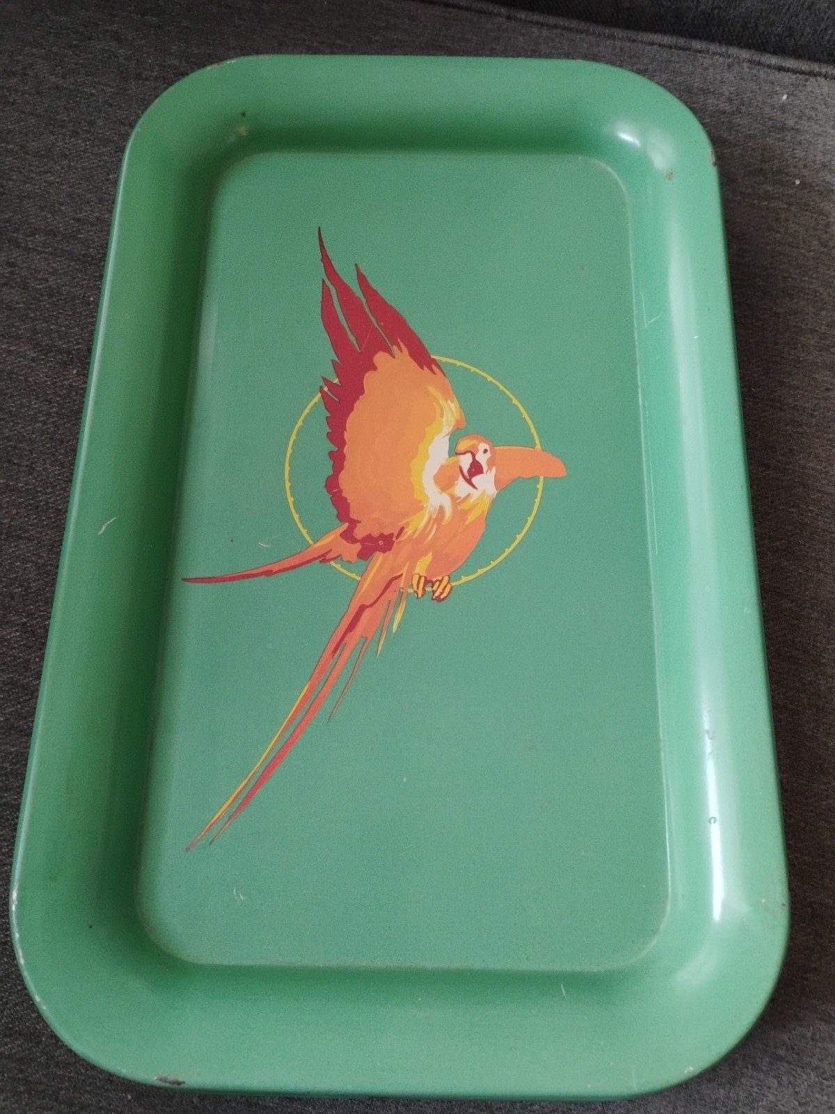 8 Vtg Metal Lap/ Serving Trays Orange Parrot On Green Tray 14 X 9 Some Rust