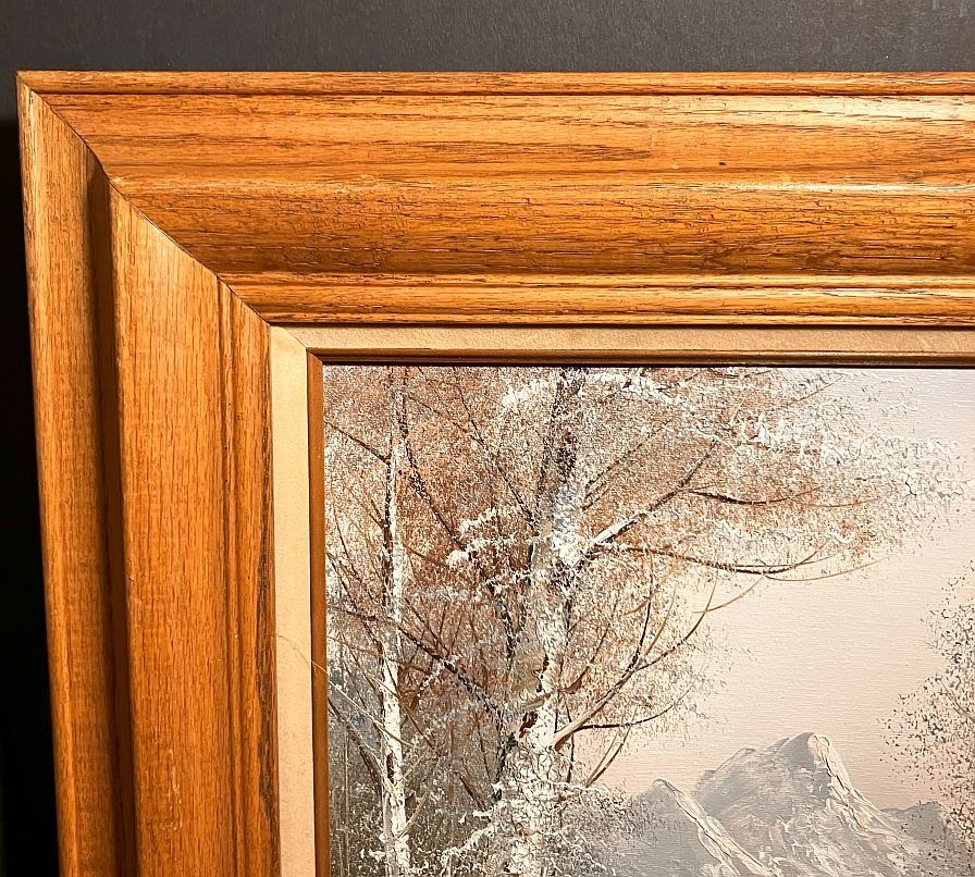 Original oil painting. Classic winter landscape by Wallace. 22.5″ X 18.5″. Oak.