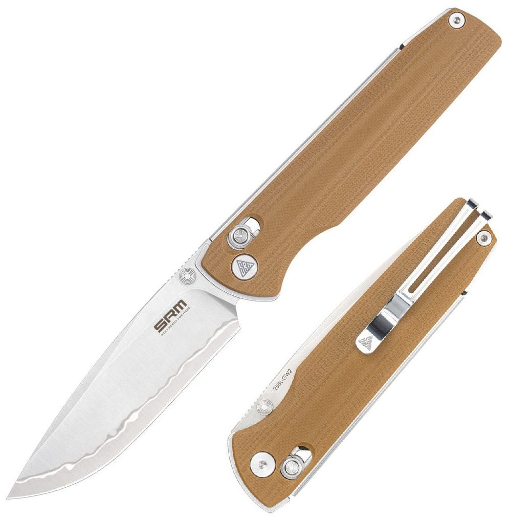 SRM Knives Terrier Folding Knife 3.5″ 140Cr14MoV3Nb Steel Blade Tan G10 Handle