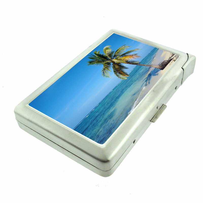 Beach Scene Em1 100’s Size Cigarette Case with Built in Lighter Metal Wallet