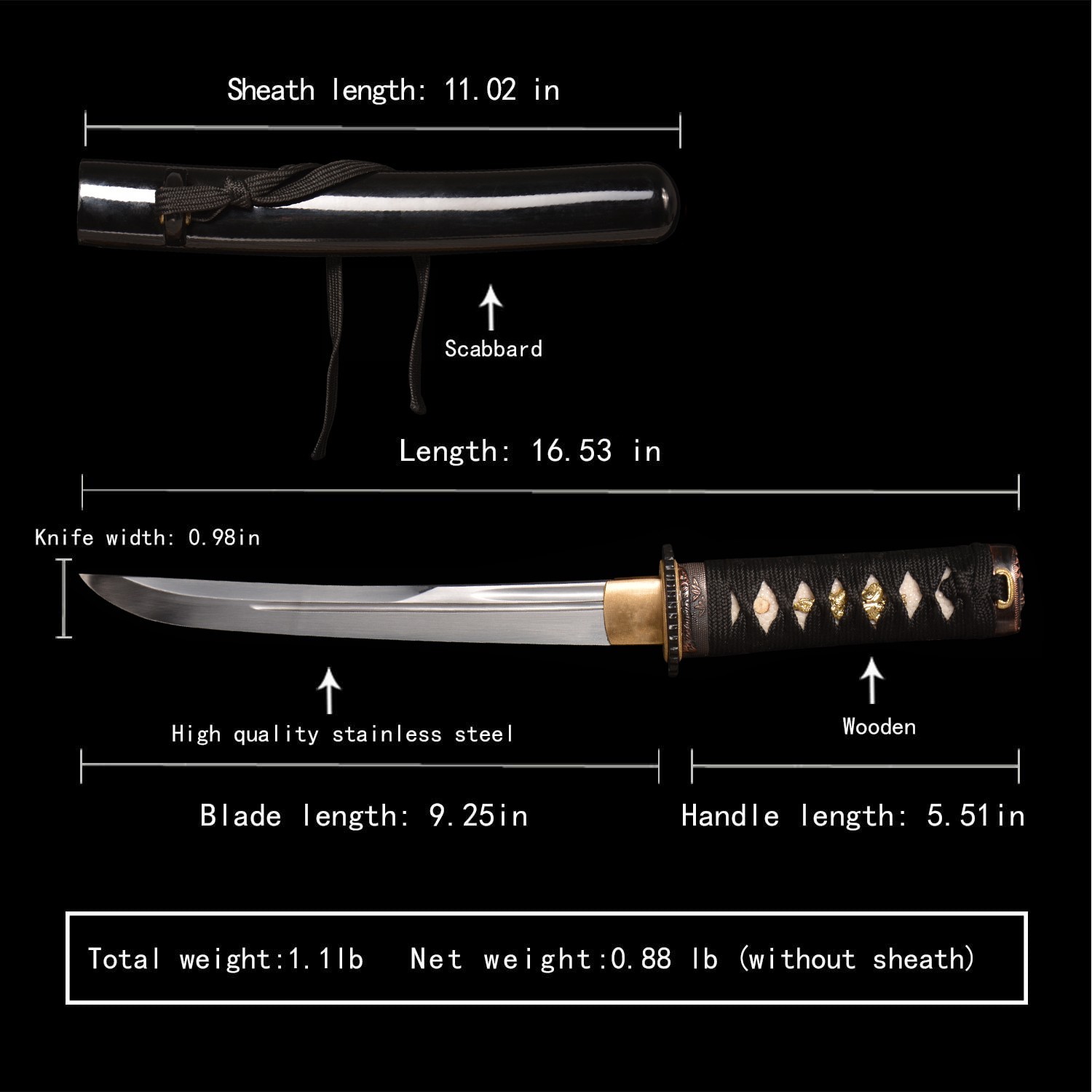 16.5in Mini Samurai Sword/Japanese Small Sword/1045 Carbon Steel/Black Sword