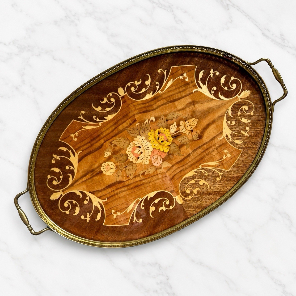 VTG Italian Marquetry Wood Floral Inlay Brass Handle Tea Vanity Serving Tray 20”