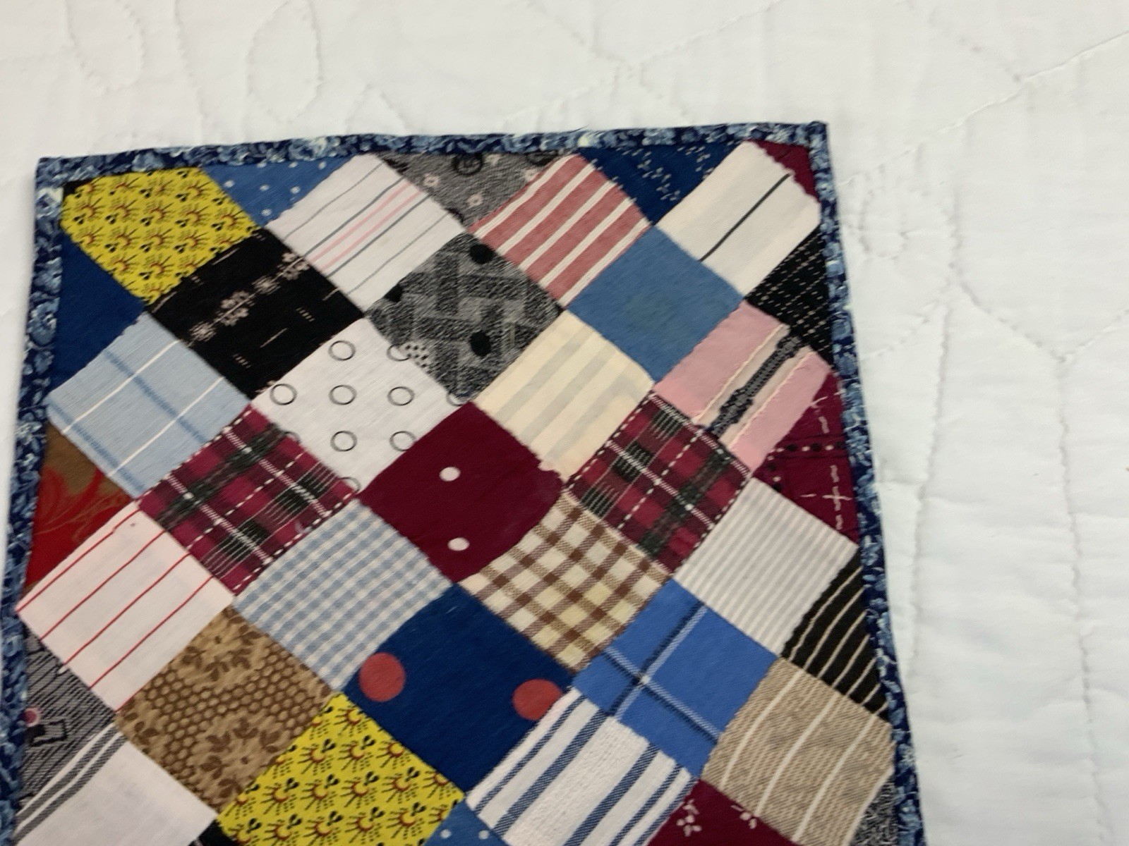 Vintage Patchwork Quilt Table Topper, Four Patch, Early Calico Prints, Blue, Red