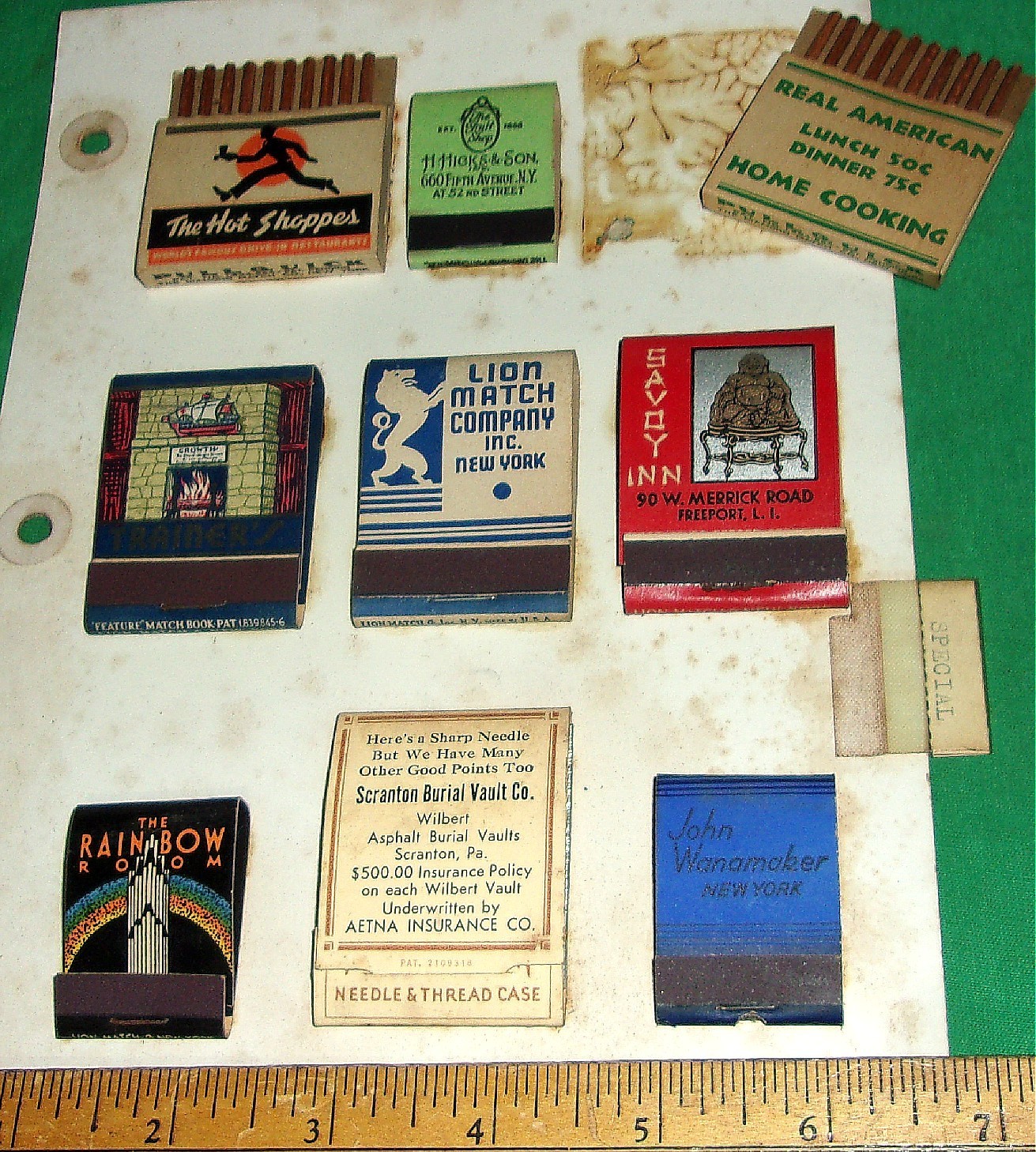 (9) 1930’s Matchbooks SAVOY INN, Rainbow Room, Scranton Burial Vault, Trainers
