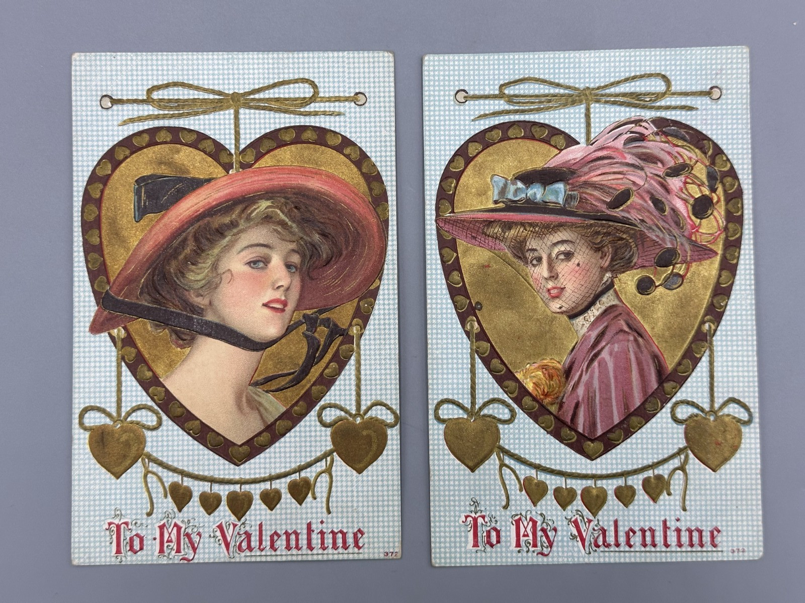 c 1910 Valentine VICTORIAN LADY HATS Antique Postcard Pair Pink