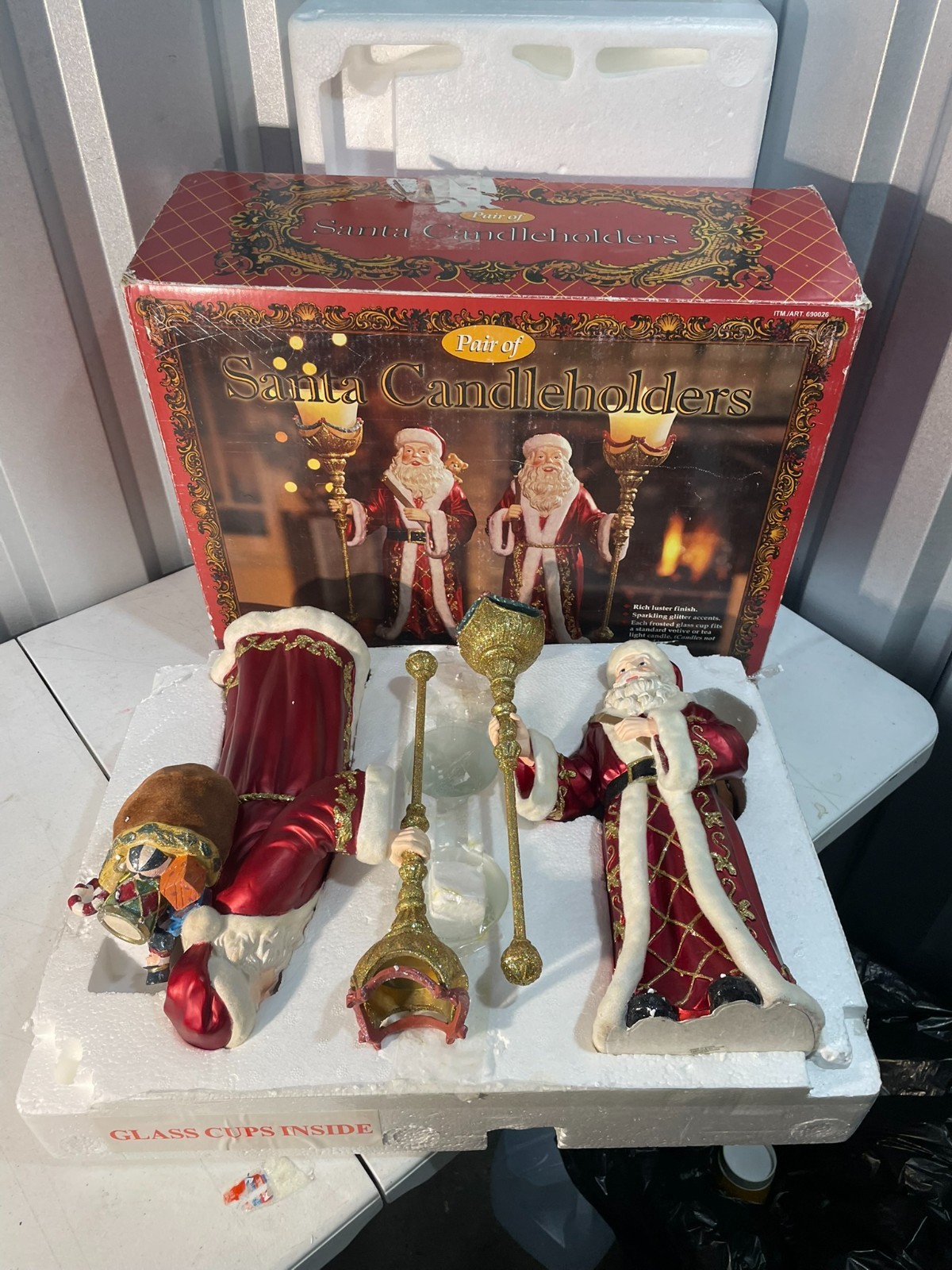 Kirkland Signature Pair Santa Candleholders Figurines Gold Glitter w/ Box