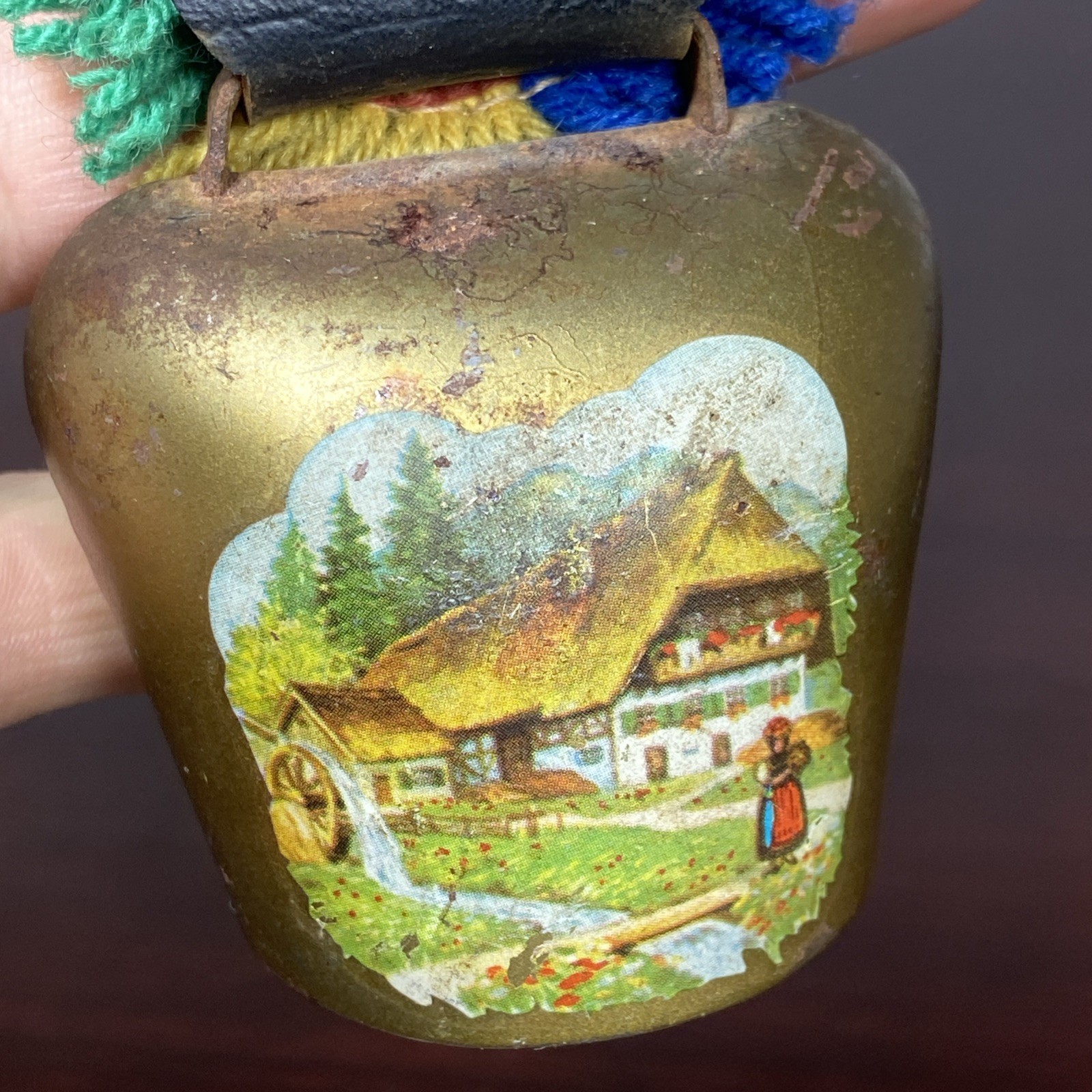Brass Swiss Cow Bell Multi Color Fringed Leather Strap Vtg 6” Cottage Landscape