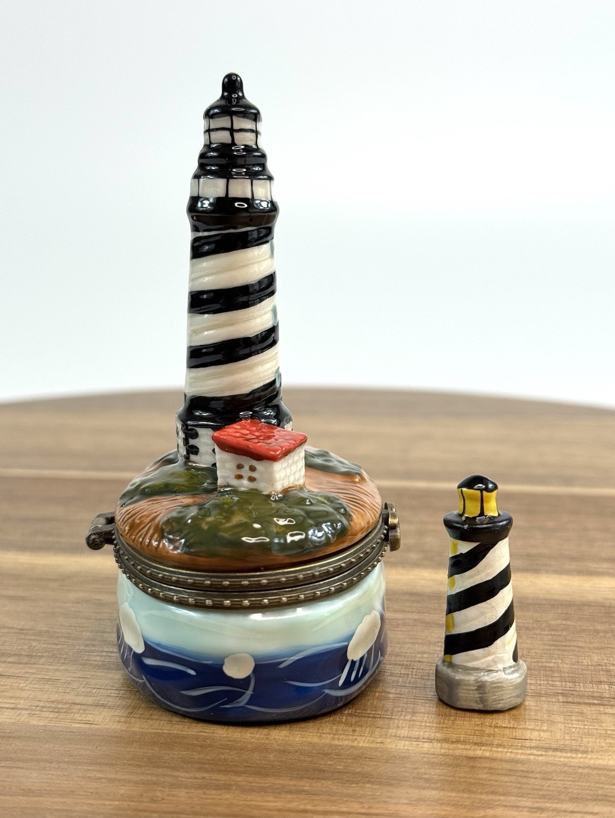 Porcelain Hinged Trinket Box Lighthouse Seashore Ocean Nautical #4