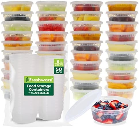 Freshware Food Storage Containers [50 Set] 8 oz Plastic Deli Containers with Lid