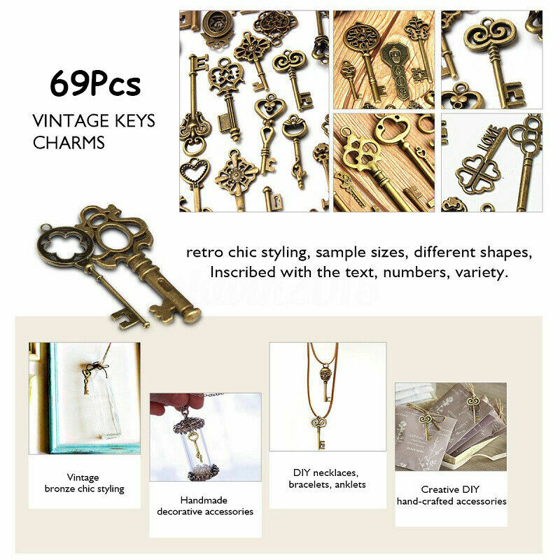 69PCS Skeleton Vintage Old Keys Multi Style Antique Bronze Lock Key New
